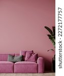 Luxury living room with bright pink rose color. Empty paint wall and lounge furniture - rich sofa. Blank space for art or picture. Modern interior design. Mockup room or hall reception. 3d render