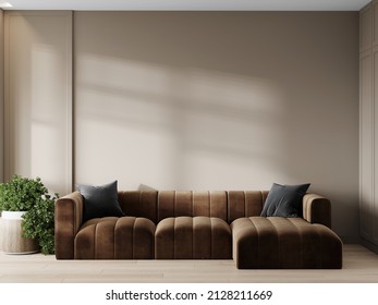 Luxury living room in chocolate color. Brown and beige accents of the interior design room. Mockup empty painting wall. Large sofa in lounge area. 3d rendering