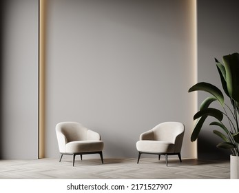 Luxury living room in dark color. Gray walls, warm ligh and lounge furniture - taupe chairs. Empty space for art or picture. Rich interior design. Mockup of a room or hall. 3d rendering