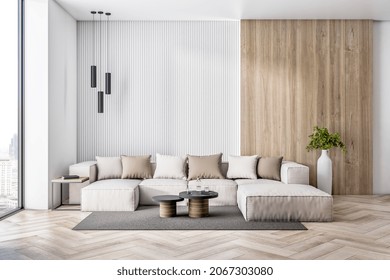 Luxury Living Room Interior With Beautiful Couch, Pillows, Rug And Other Items. Design Concept. 3D Rendering