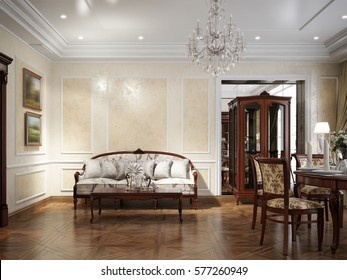 Luxury Living Room Interior Design In Classic Style. 3d Rendering.