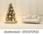 Luxury living room interior with sofa decorated chic Christmas tree, string lights gifts, plaid and pillows on white beige background 3d render
