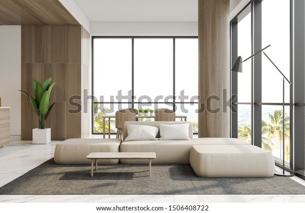 Luxury Living Room Interior White Wooden Stock Illustration