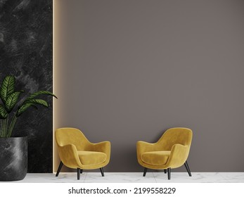 Luxury Living Room Or Lounge, Reception. Bright Yellow Mustard Accent Chairs And A Gray Painted Wall. Black Accent Details. Modern Premium Interior And Furniture Design. Mockup For Art. 3d Rendering