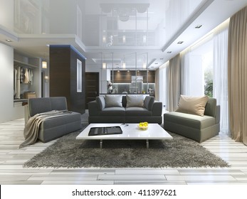 Luxury Living Room Studio In A Modern Style With Comfortable Armchairs And A Sofa In Olive Green. Apartment With Kitchen And Hallway With Cloakroom. 3D Render.