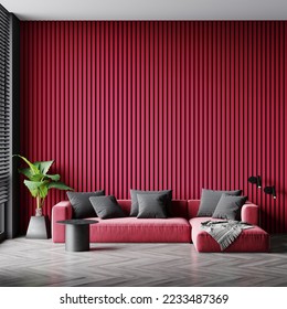 Luxury living room in trend 2023 color. Viva magenta walls, lounge furniture - red carmine, cochineal. Empty space for art or picture. Rich interior design. Mockup lounge or reception hall. 3d render Illustrazione stock