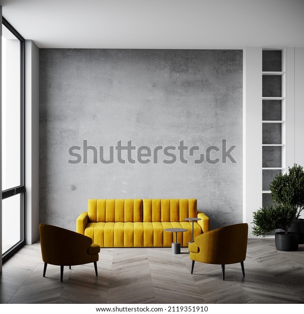 Luxury living room in the villa -accent wall
gray background concrete plaster. Yellow mustard furniture. Lounge
area mockup for art. 3d
rendering