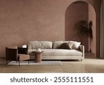 Luxury living room in warm Mocha mousse 2025 color trend. Brown walls, light gray lounge furniture. Empty background microcement for art