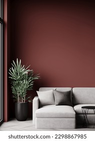Luxury livingroom in dark color. Burgundy deep maroon red walls, gray lounge furniture. Empty space for art or picture. Rich interior design. Mockup lounge or reception. 3d render  Arkistokuvituskuva
