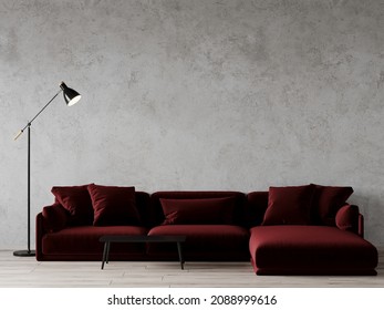 Luxury livingroom with a large burgundy red velor sofa. Rich black table and floor lamp. Empty wall for art and pictures or wallpaper with microcement stucco or plaster. 3d rendering