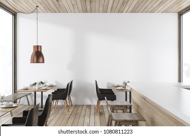 Luxury loft restaurant interior with a wooden floor and white walls, set square tables with benches and chairs near them. A bar with stools. 3d rendering mock up
