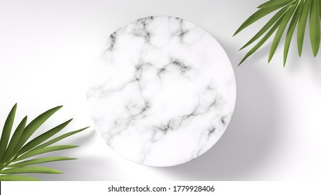 Luxury Logo Mockup On Circle Marble With Palm Leaves On White Background 3d Render