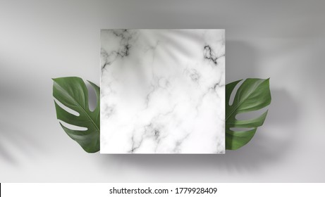 Luxury Logo Mockup On Marble With Monstera Leaves On Shadow Leaves Background 3d Render