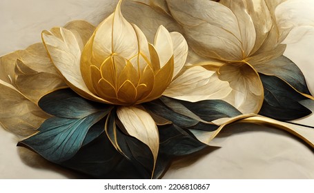 Luxury Lotus Wallpaper, Lotus Design, Line Art, Golden Lotus. 3d Rendering. Raster Illustration.