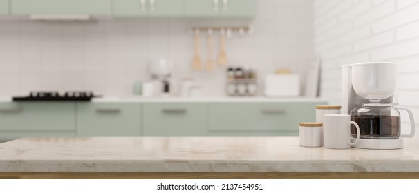 Luxury marble kitchen countertop with coffee maker, sugar bottle, coffee cup and copy space for product display against blurred modern kitchen space in the background. 3d rendering, 3d illustration