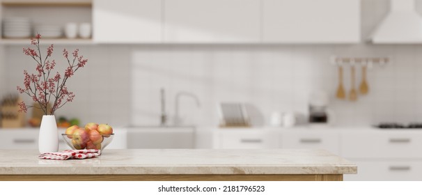 Una lujosa mesa de cocina de mármol con servilleta, florero, encimera de manzana y espacio para copiar el producto en la moderna cocina de fondo. Ilustración 3d, ilustración 3d