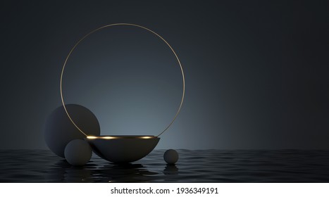 Luxury Mockup Golden Podium With Spheres Over Water Surface For Branding And Packaging Presentation. Black And Gold Natural Pedestal. Cosmetic And Fashion Concept. 3d Render. 3d Illustration.