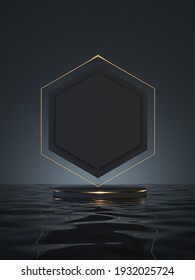 Luxury mockup podium on water surface with golden hexagon for branding and packaging presentation. Black and gold natural pedestal. Cosmetic and fashion concept. 3d render. 3d illustration.