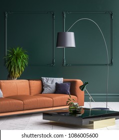 Luxury Modern Dark Green Living Room Interior With White Parquet Floor, Brown Sofa, Floor Lamp And Coffee Table , 3d Render