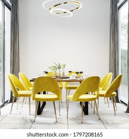 Luxury Modern Dinning Room Interior Background For Mockup With Bright Yellow Chairs, Table With Dishes, Panoramic Windows And Gold Chandelier With White Empty Wall On Background, 3d Rendering