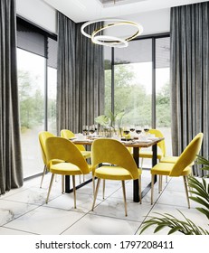 Luxury Modern Dinning Room Interior Background For Mockup With Bright Yellow Chairs, Table With Dishes, Panoramic Windows And Gold Chandelier, Dinning Room Interior Mockup, 3d Rendering
