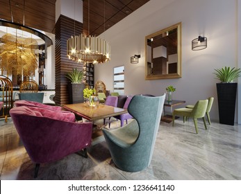 Luxury Modern European Design Cafe Interior In Downtown With Colorful Furniture. 3d Rendering