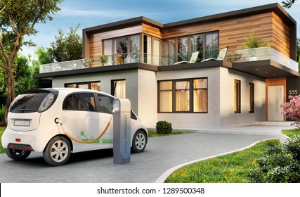 Luxury Modern House And Electric Car. 3D Rendering