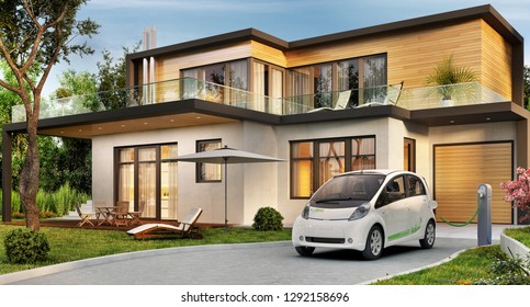 Luxury Modern House And Electric Car. 3D Rendering