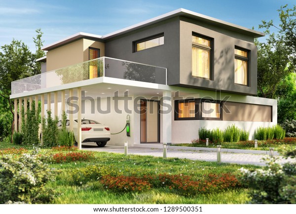 Luxury modern
house and electric car. 3D
rendering