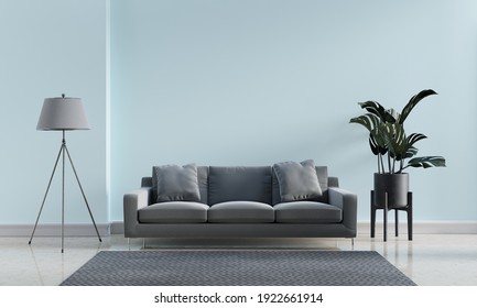 Luxury Modern Interior Of Blue Pastel And Gray Tone Living Room Home Decor Concept Background. Three Legs Electric Lamp And Monstera Pot On Marble Floor And Mat. 3D Illustration Rendering Graphic