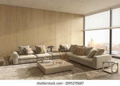 Luxury Modern Interior Design Livingroom. Lighting And Sunny Apartment With Large Windows And View Winter. 3d Rendering Illustration.