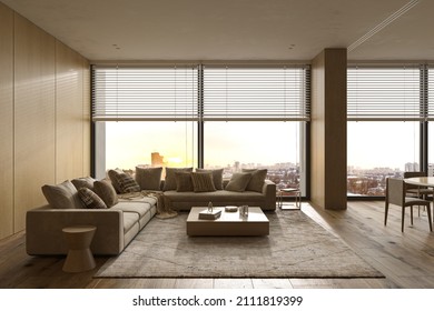 Luxury Modern Interior Design Livingroom. Lighting And Sunny Apartment With Large Windows And View Sunset. 3d Render Illustration.