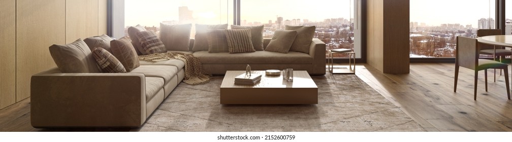 Luxury Modern Interior Design Livingroom. Lighting And Sunny Apartment With Large Windows And View Sunset. 3d Render Illustration.