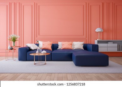 Luxury modern interior of living room ,Living coral decor concept ,blue navy sofa and gold table with gold lamp on light ping wall and woodfloor ,3d render - Powered by Shutterstock