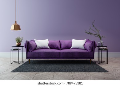 Luxury Modern Interior Of Living Room ,Ultraviolet Home Decor Concept ,purple Sofa And Black Table With Gold Lamp On Light Purple Wall And Woodfloor ,3d Render