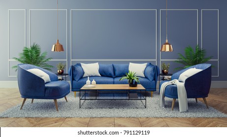 Luxury Modern Interior Of Living Room ,Blue Room Decor Concept ,Blue Sofa And Black Table With Gold Lamp On Light Blue Wall And Woodfloor ,3d Render