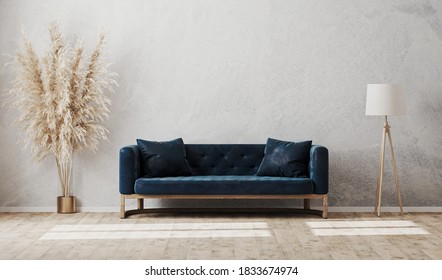 Luxury Modern Living Room Interior Mock Up With Dark Blue Sofa, Floor Lamp And Vase On Wooden Floor With Light Gray Wall, Empty Wall Mockup, 3d Rendering