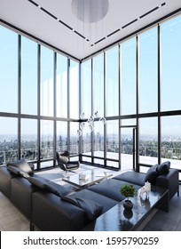 Luxury Modern Penthouse Interior With Panoramic Windows, 3d Render