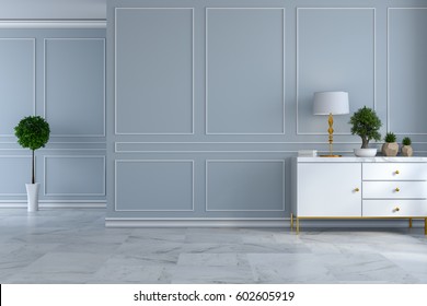 Luxury Modern Room Interior,empty Room ,white Sideboard With  Lamp And Plant On Light Gray Wall And Marble Floor /3d Render