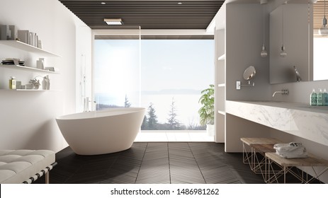 Luxury modern white and gray bathroom with parquet floor and wooden celiling, panoramic window on sea panorama, bathtub, shower and double sink, interior design, minimal architecture, 3d illustration - Shutterstock ID 1486981262