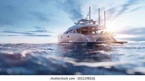 Luxury motor yacht on the ocean at sunset. 3D illustration
