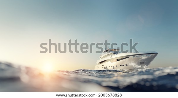 Luxury motor yacht on the ocean at sunset.\
3D illustration
