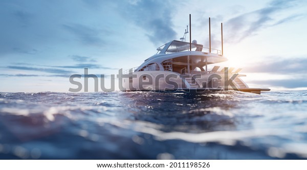 Luxury motor yacht on the ocean at sunset.
3D illustration