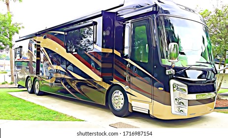 Luxury Motorhome Recreational Vehicle RV Parked At Campground On A Concrete Pad