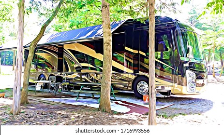 Luxury Motorhome Recreational Vehicle RV Parked At Campground Deep In Wooded Lot