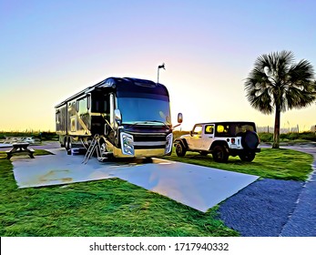 Luxury Motorhome Recreational Vehicle RV Parked At Campground Against Beach Dunes At Sunrise