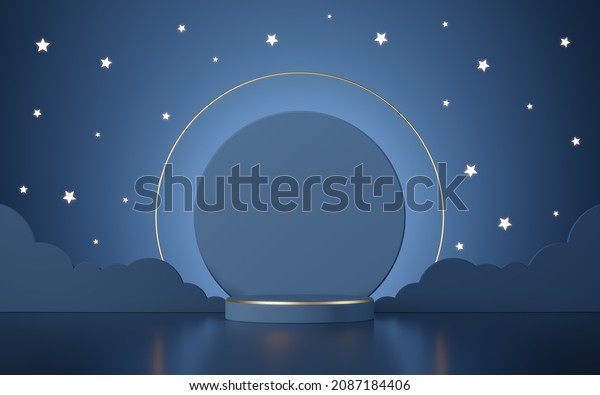 Luxury night podium for branding and packaging\
presentation with moonlight, clouds, stars and glossy surface.\
Sweet dream concept. Baby showcase mockup. Christmas showcase. 3d\
illustration 3d\
render