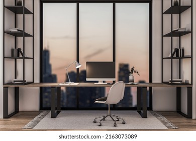 Luxury Office Interior With Book Shelves, Furniture, Panoramic City View And Empty Mock Up Computer Screen. Creative Designer Desktop Concept. 3D Rendering