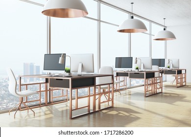 Luxury Office Interior With Computers And City View. Workplace And Lifestyle Concept. 3D Rendering