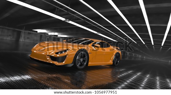 Luxury orange concept sports car 3d render.\
Reflections all\
around.